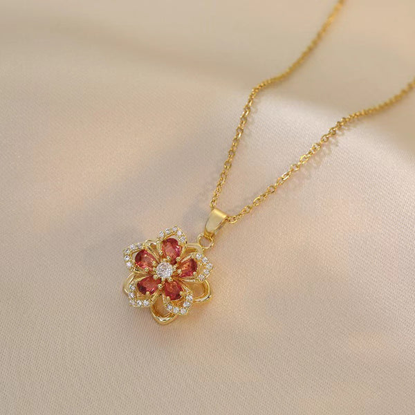 Rotating Floral Flower Titanium Steel Gemstone Pendant Necklace