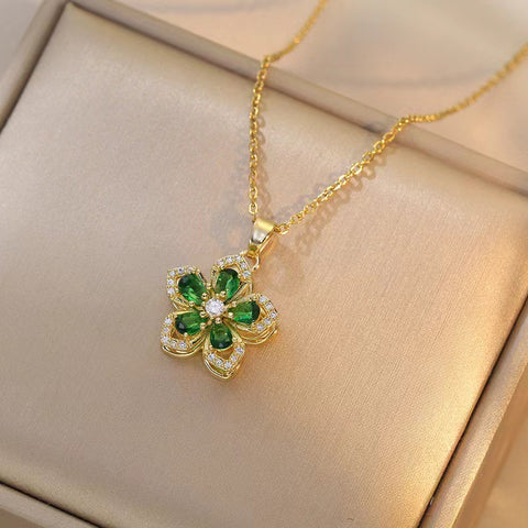 Rotating Floral Flower Titanium Steel Gemstone Pendant Necklace