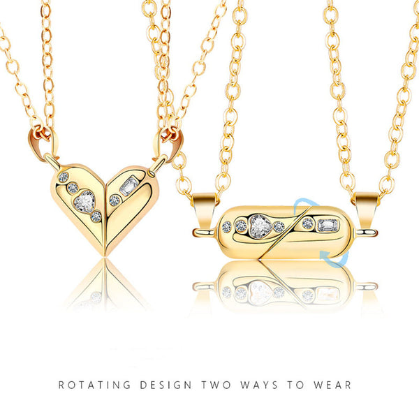 Magnetic Rotating Couples Necklace Pendant Heart Valentines Silver Gold Black
