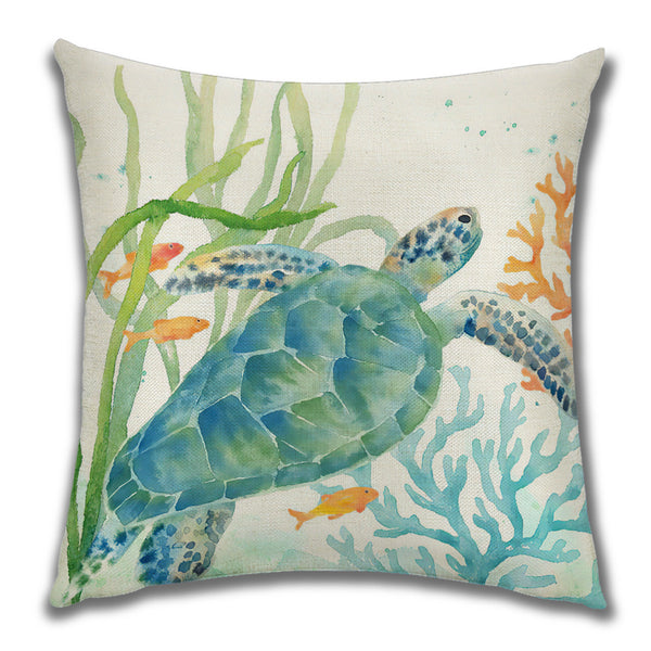 Watercolour Sea Life Seahorse Turtle Crab Fish Print Linen Look Cushion Cover Square 45cm