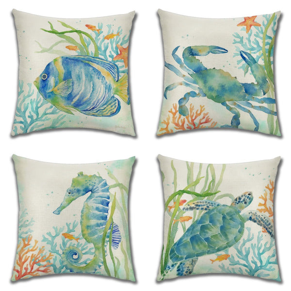 Watercolour Sea Life Seahorse Turtle Crab Fish Print Linen Look Cushion Cover Square 45cm