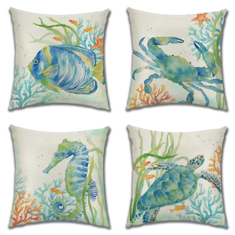 Watercolour Sea Life Seahorse Turtle Crab Fish Print Linen Look Cushion Cover Square 45cm