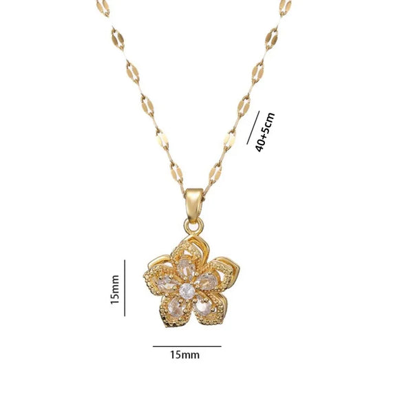 Rotating Floral Flower Titanium Steel Gemstone Pendant Necklace
