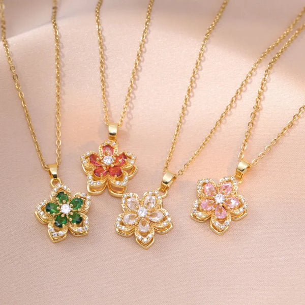 Rotating Floral Flower Titanium Steel Gemstone Pendant Necklace