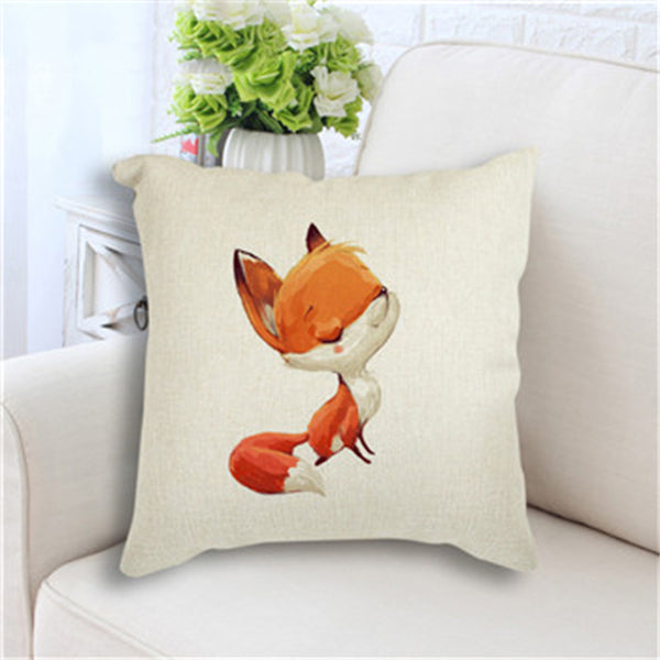 Cute Fox Rabbit Print Linen Look Nursery Kids Bedroom Cushion Cover Square 45cm
