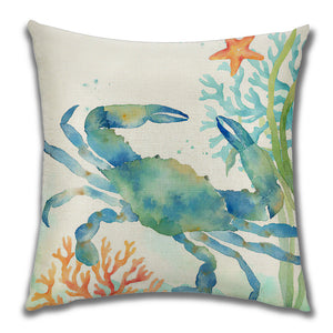 Watercolour Sea Life Seahorse Turtle Crab Fish Print Linen Look Cushion Cover Square 45cm