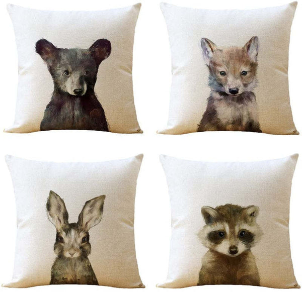 Watercolour Baby Animal Bear Fox Rabbit Racoon Cushion Cover Square 45cm
