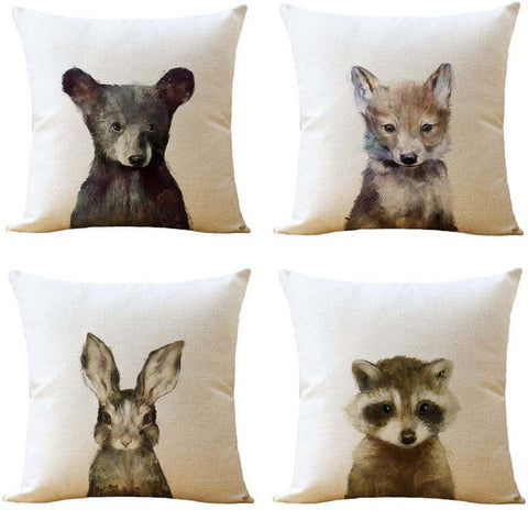 Watercolour Baby Animal Bear Fox Rabbit Racoon Cushion Cover Square 45cm