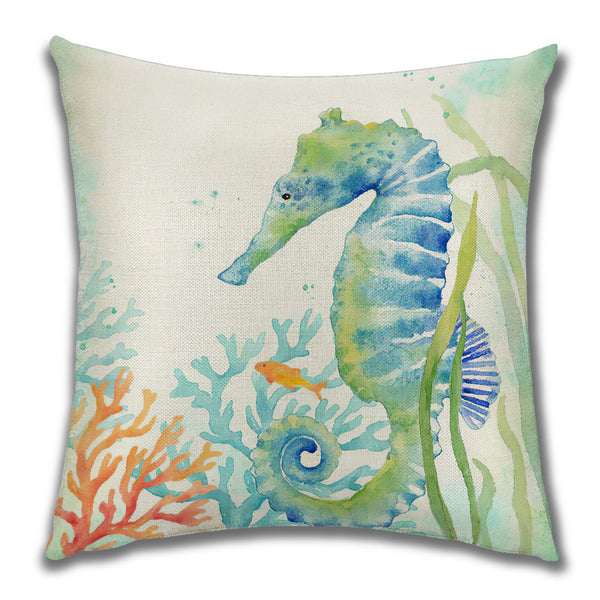 Watercolour Sea Life Seahorse Turtle Crab Fish Print Linen Look Cushion Cover Square 45cm