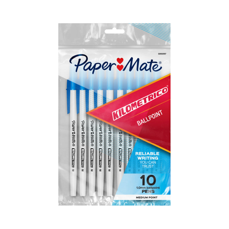 Paper Mate Kilometrico 1mm Medium Point Ballpoint Pens Blue Pack 10 Box 12