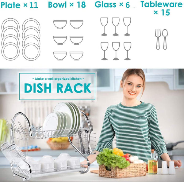 Carla Home 2-Tier Dish Rack with Draining Board Plated Chrome