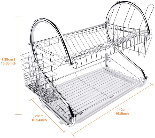 Carla Home 2-Tier Dish Rack with Draining Board Plated Chrome