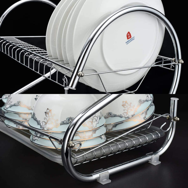 Carla Home 2-Tier Dish Rack with Draining Board Plated Chrome