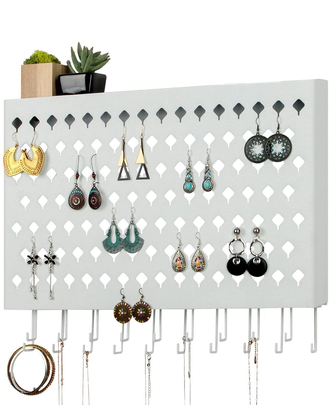 Wall Mounted Earring Jewelry Hanger Organizer Holder 109 Holes 19 Hooks White