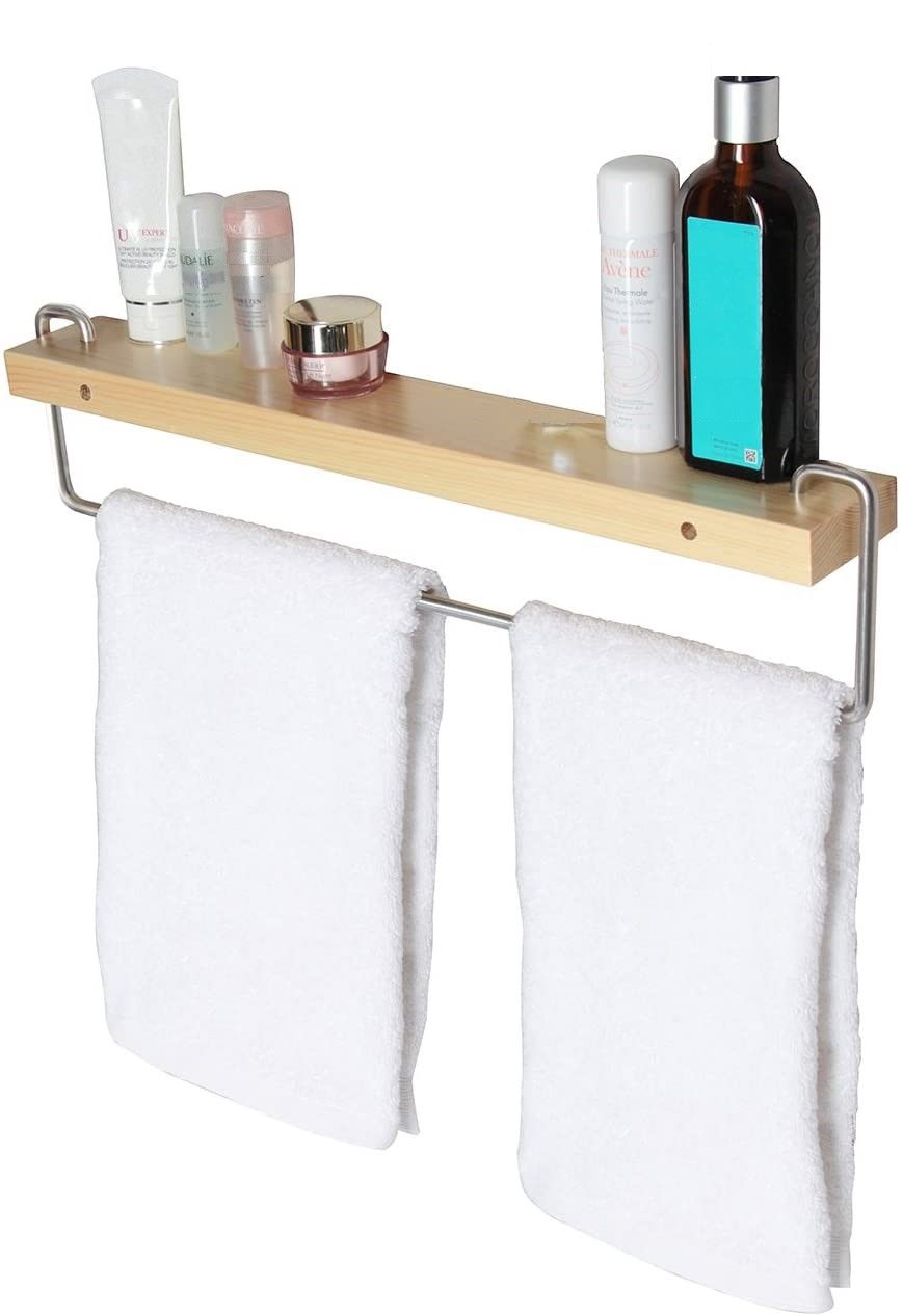 Wall Mount Solid Wood Shelf Towel Rail Rack Bar Holder Bathroom Organizer Hanger