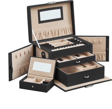 Vikus Jewellery Box Organiser Storage Case Lockable 3 Tier PU Leather Black