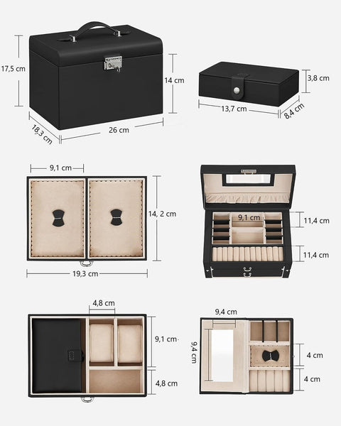 Vikus Jewellery Box Organiser Storage Case Lockable 3 Tier PU Leather Black