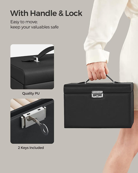 Vikus Jewellery Box Organiser Storage Case Lockable 3 Tier PU Leather Black