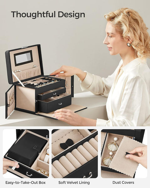 Vikus Jewellery Box Organiser Storage Case Lockable 3 Tier PU Leather Black