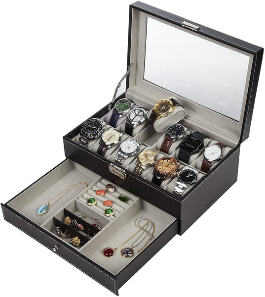 Watch Jewellery Storage Box Display Organiser Case 2 Tier 1 Drawer Black