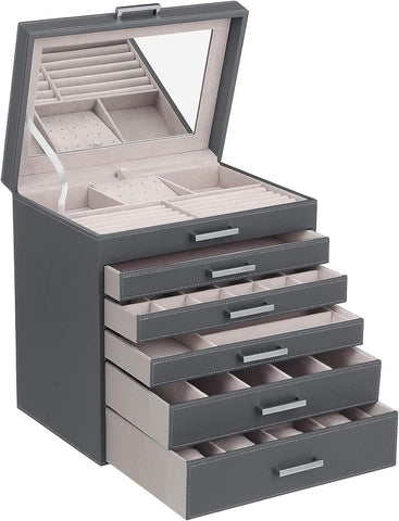 Vikus Jewellery Box Organiser Storage Case 6 Tier PU Leather Dark Grey