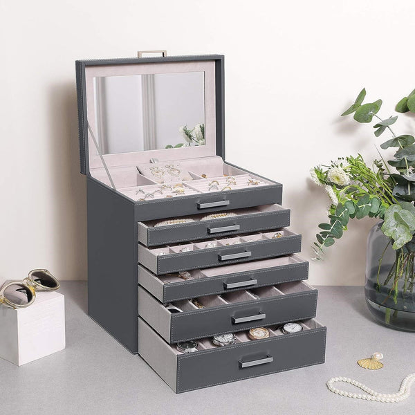 Vikus Jewellery Box Organiser Storage Case 6 Tier PU Leather Dark Grey