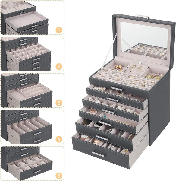 Vikus Jewellery Box Organiser Storage Case 6 Tier PU Leather Dark Grey