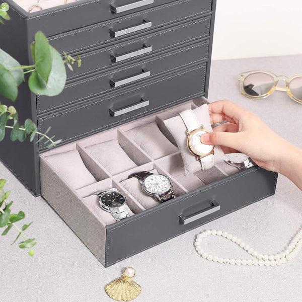 Vikus Jewellery Box Organiser Storage Case 6 Tier PU Leather Dark Grey