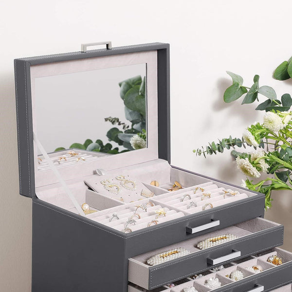Vikus Jewellery Box Organiser Storage Case 6 Tier PU Leather Dark Grey