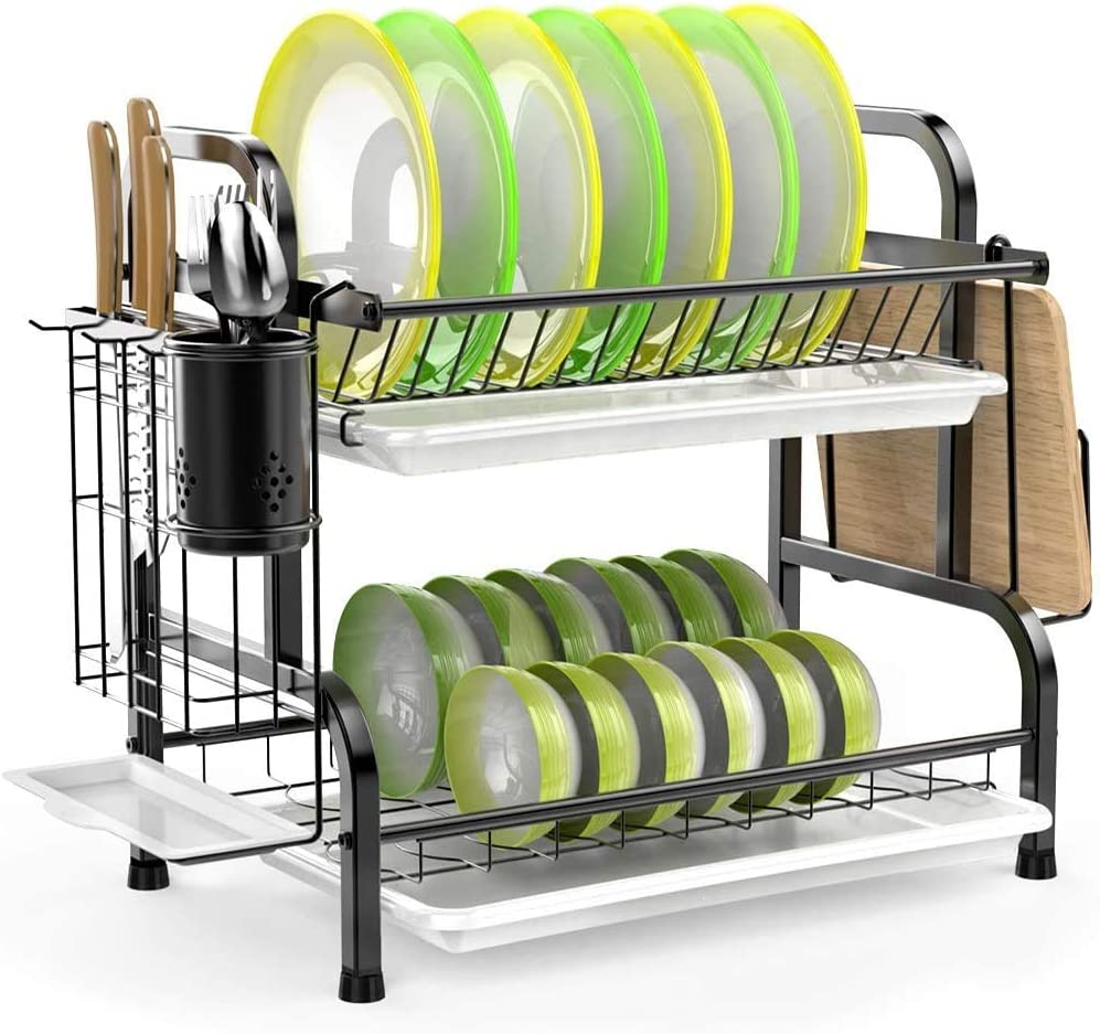 Stainless 2 Tier Dish Drying Rack Utensil Holder Cutting Board Holder Black