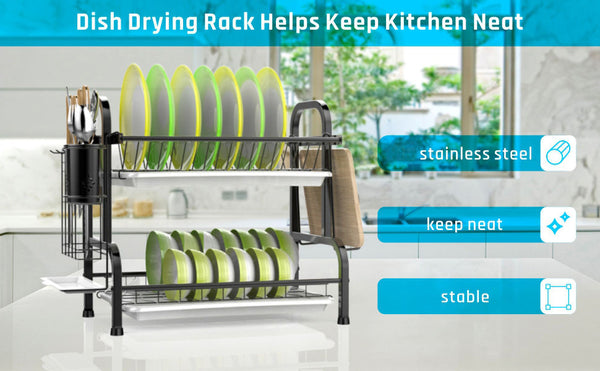 Stainless 2 Tier Dish Drying Rack Utensil Holder Cutting Board Holder Black