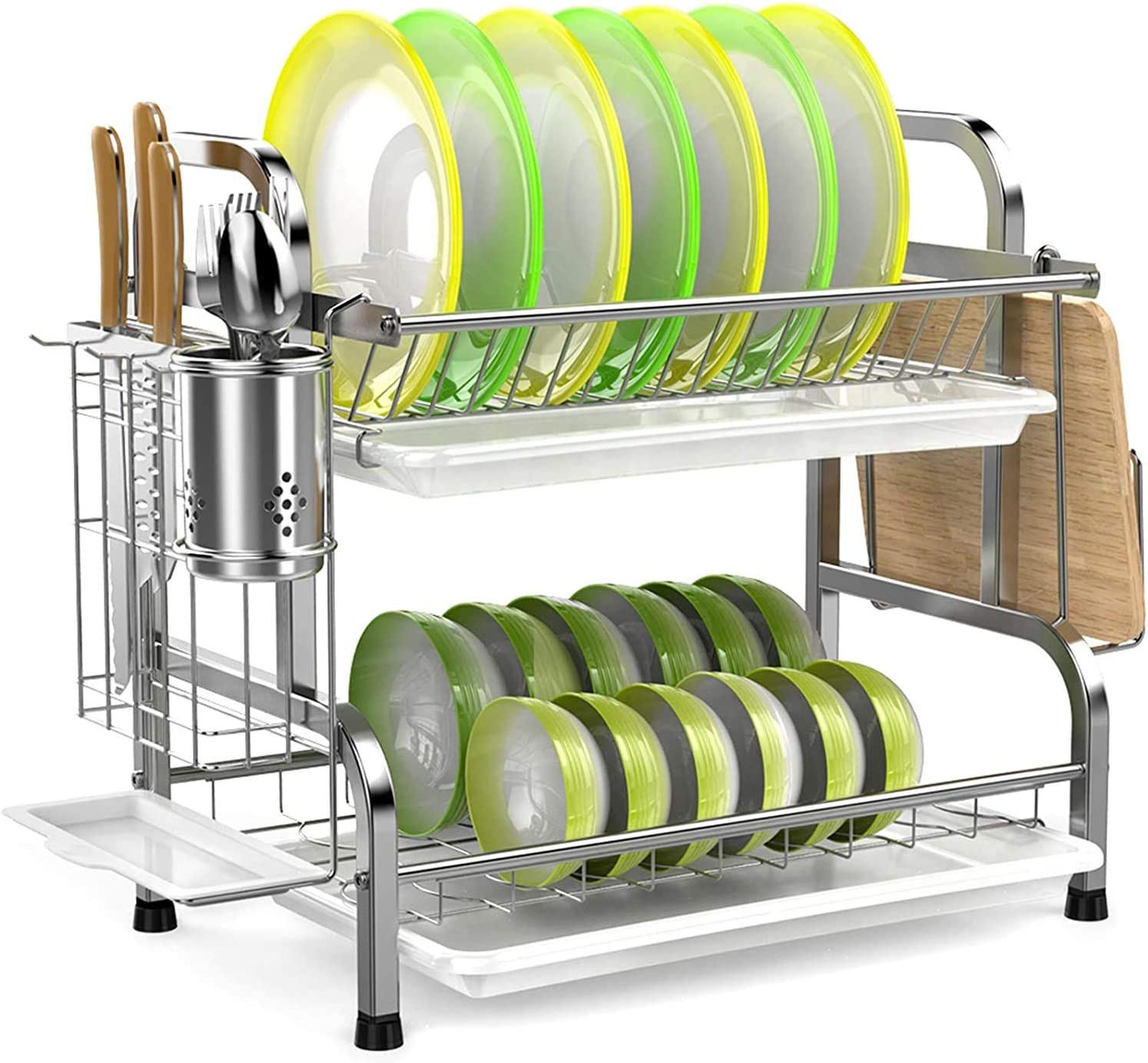 Stainless 2 Tier Dish Drying Rack Utensil Holder Cutting Board Holder Silver
