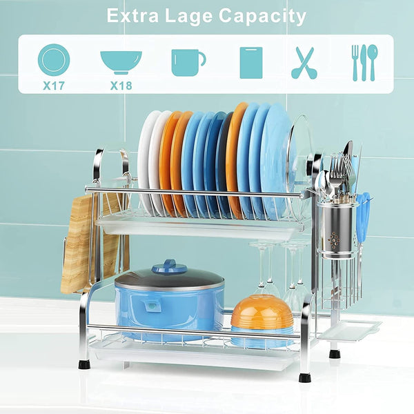 Stainless 2 Tier Dish Drying Rack Utensil Holder Cutting Board Holder Silver