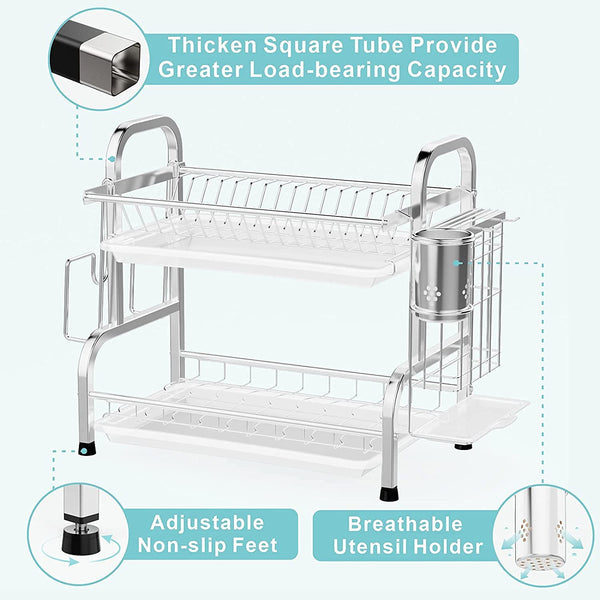 Stainless 2 Tier Dish Drying Rack Utensil Holder Cutting Board Holder Silver