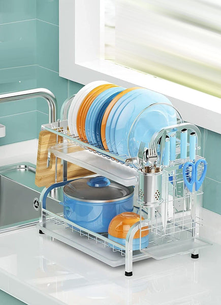 Stainless 2 Tier Dish Drying Rack Utensil Holder Cutting Board Holder Silver