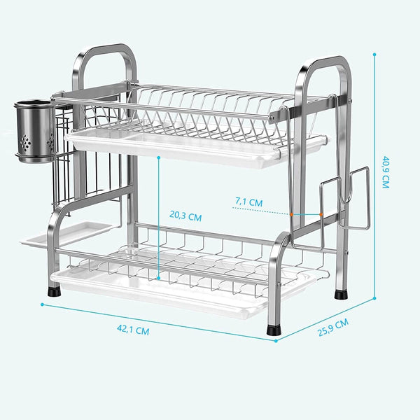 Stainless 2 Tier Dish Drying Rack Utensil Holder Cutting Board Holder Silver
