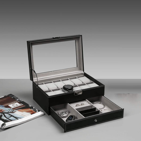 12 Slot PU Leather Lockable Watch Jewellery Storage Box Case Black
