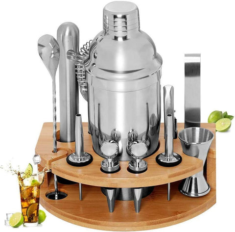 12 Piece Cocktail Shaker Bartender Set Kit Bamboo Stand Stainless Steel