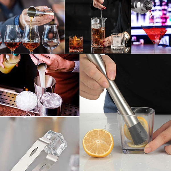12 Piece Cocktail Shaker Bartender Set Kit Bamboo Stand Stainless Steel