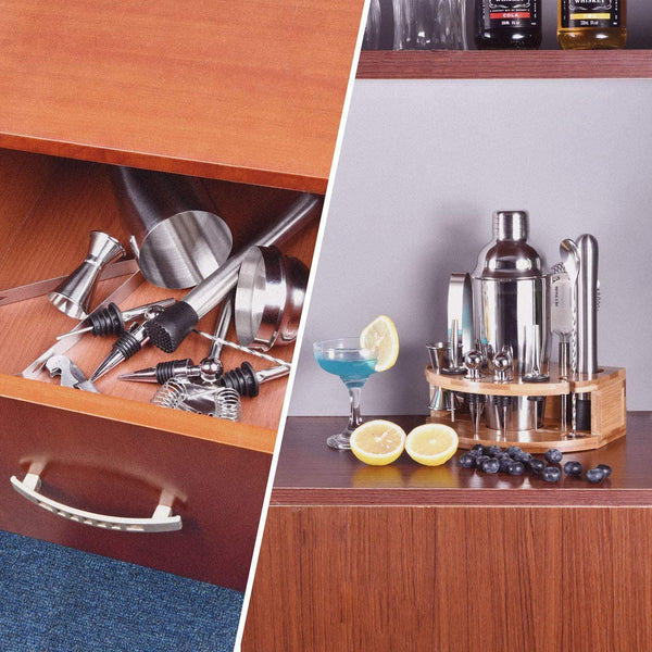 12 Piece Cocktail Shaker Bartender Set Kit Bamboo Stand Stainless Steel