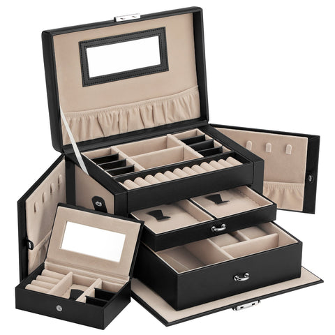 Vikus Jewellry Box Organiser Storage Case Lockable 3 Tier PU Leather Black
