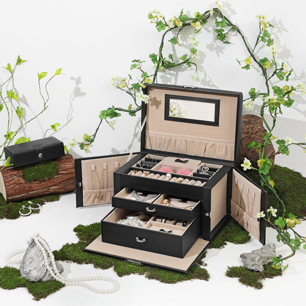 Vikus Jewellry Box Organiser Storage Case Lockable 3 Tier PU Leather Black