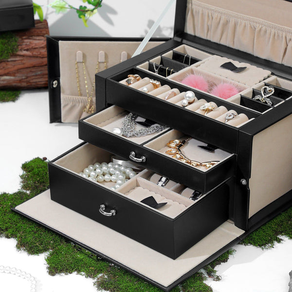 Vikus Jewellry Box Organiser Storage Case Lockable 3 Tier PU Leather Black