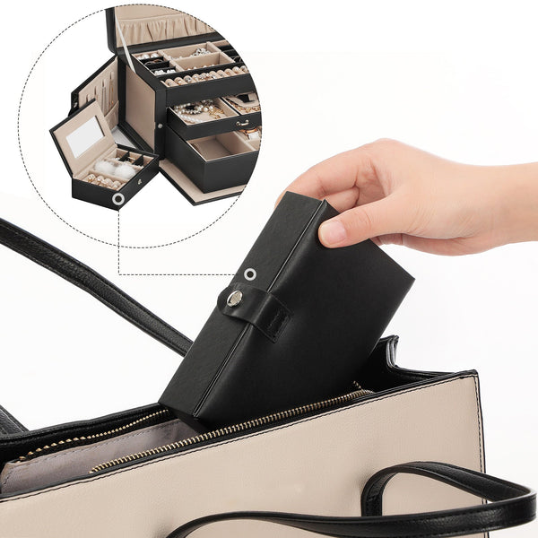 Vikus Jewellry Box Organiser Storage Case Lockable 3 Tier PU Leather Black