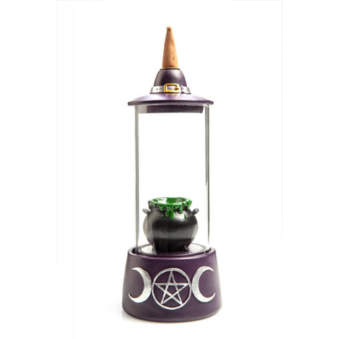 Witches Cauldron Pentacle Moon Glass Case LED Backflow Incense Cone Burner
