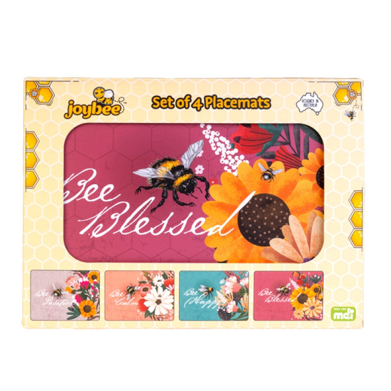 Set of 4 Bee Floral Placemats Cork Backed 29 x 21cm
