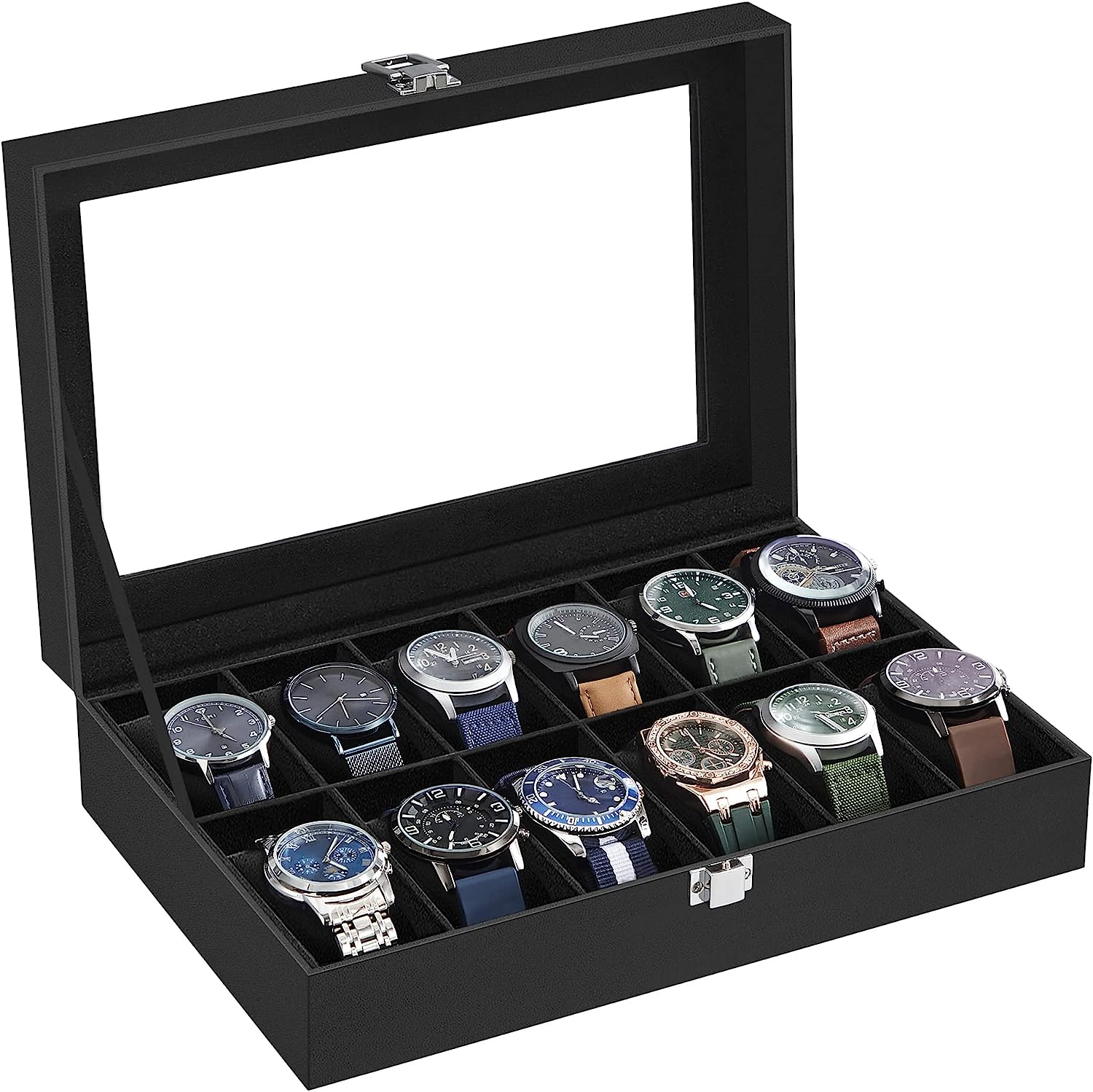 Songmics Watch Organiser Display Case Box Tray Glass Lid PU Leather 12 Slots