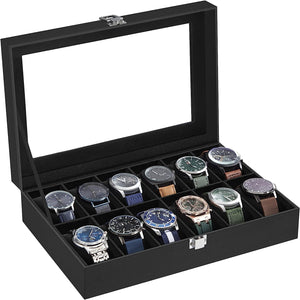 Songmics Watch Organiser Display Case Box Tray Glass Lid PU Leather 12 Slots