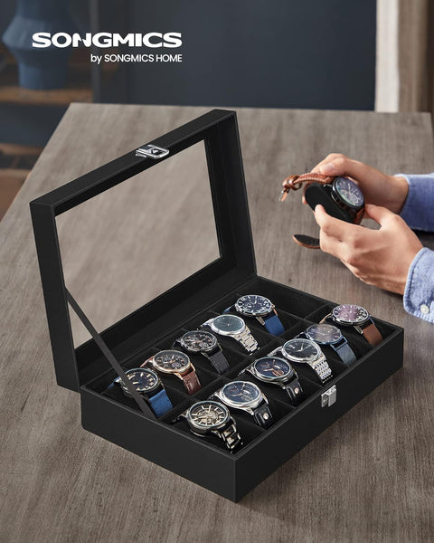 Songmics Watch Organiser Display Case Box Tray Glass Lid PU Leather 12 Slots