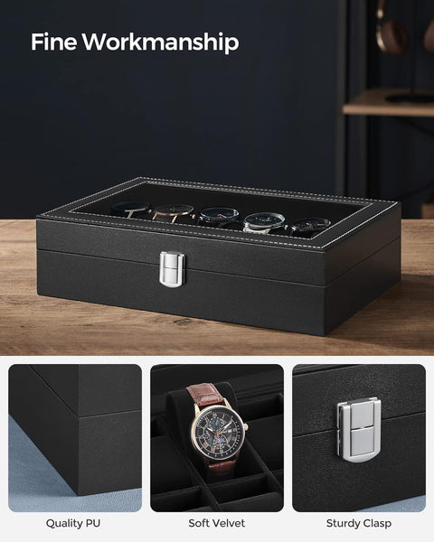 Songmics Watch Organiser Display Case Box Tray Glass Lid PU Leather 12 Slots